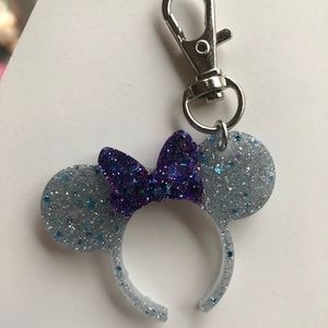 Handmade Purple, Blue & Silver Minnie Mouse Ears Headband Resin Glitter Keychain